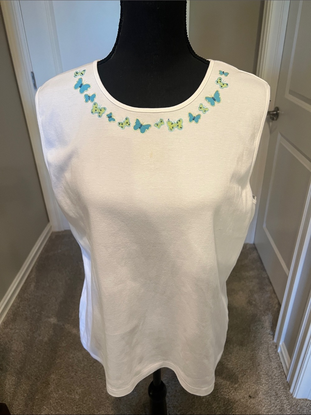 Talbots White Tank with Blue and Green Butterfly Neckline